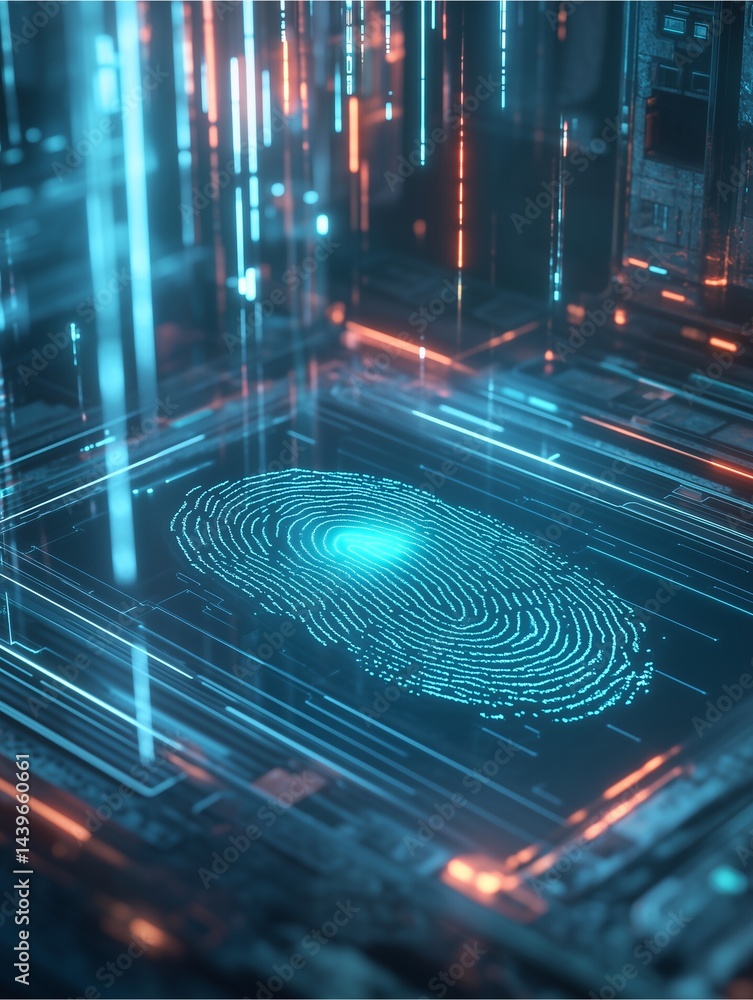 Poster digital fingerprint: a detailed, digitally rendered fingerprint glows with vibrant blue light agains