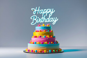 Festive birthday cake with neon happy birthday sign on light background