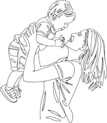 An affectionate black linear continuous line art drawing of a happy mother joyfully holding her little son up in the air both smiling and isolated on a white background symbolizing maternal love