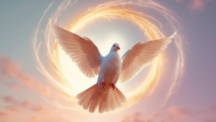 White dove spreads its wings in ethereal light, showcasing grace and freedom against a pastel sky.