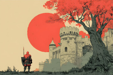 Illustration of a medieval knight standing in front of a castle, minimalist style.

