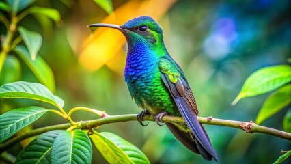 Obraz premium Vibrant Hummingbird Perched on Lush Green Branch, Displaying Iridescent Feathers in a Tropical Paradise