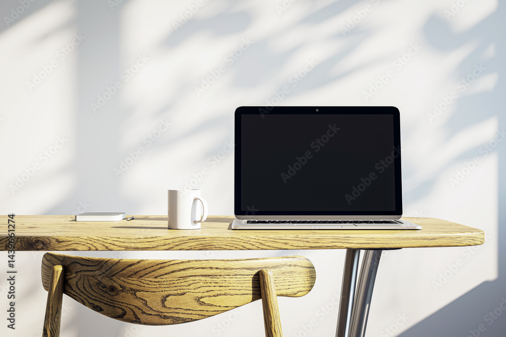 Poster minimalist modern office desk with laptop, coffee mug, and notebook in bright interior with light sh