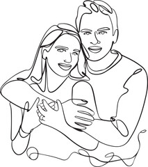 A sweet black linear continuous line art drawing of a happy couple embracing each other lovingly with the man wrapping his arms around his girlfriend isolated on a clean white background