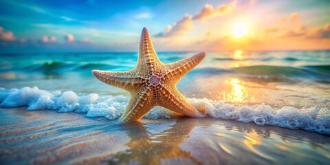 Fototapeta na wymiar Golden Starfish on a Sandy Beach at Sunset, Waves Gently Lap the Shore, a Peaceful Coastal Scene