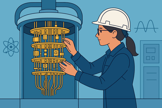 Flat cutting-edge lab scene showing delicate alignment and frosty pipes