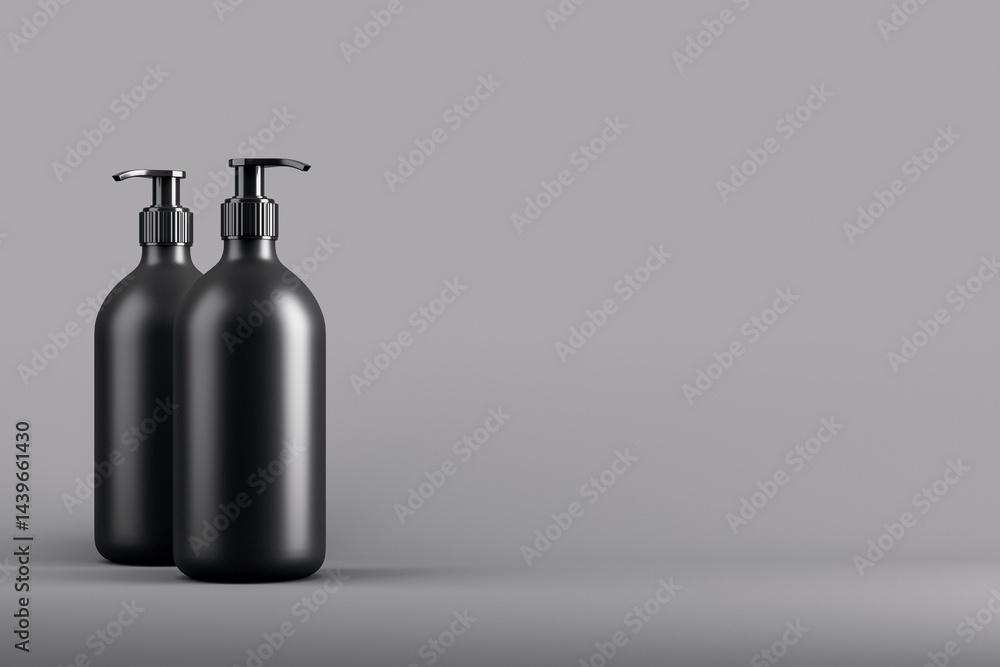 Poster Black cosmetic pump bottles mockup with clean copyspace on dark gradient background for modern branding or product presentation template. 3D Rendering