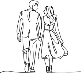 Obraz premium continuous line art of a loving couple walking together holding hands with the man wearing a hat and the woman in a dress minimalistic romantic artwork on a white background