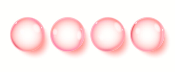 Collagen serum or essence drops on pink background. Pink collagen serum bubbles.