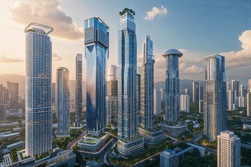 Fototapeta premium Innovative Urban Landscape Featuring Skyscrapers and Advanced Battery Technology for Smart Grid Solutions