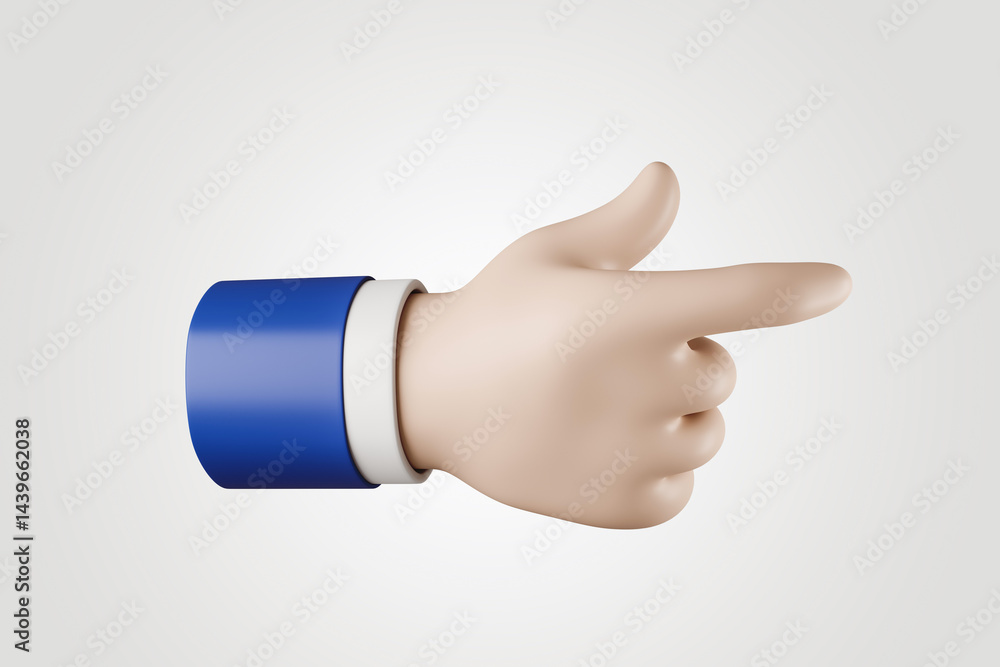 Poster 3d cartoon hand with blue sleeve pointing right gesture on light background, creative design concept