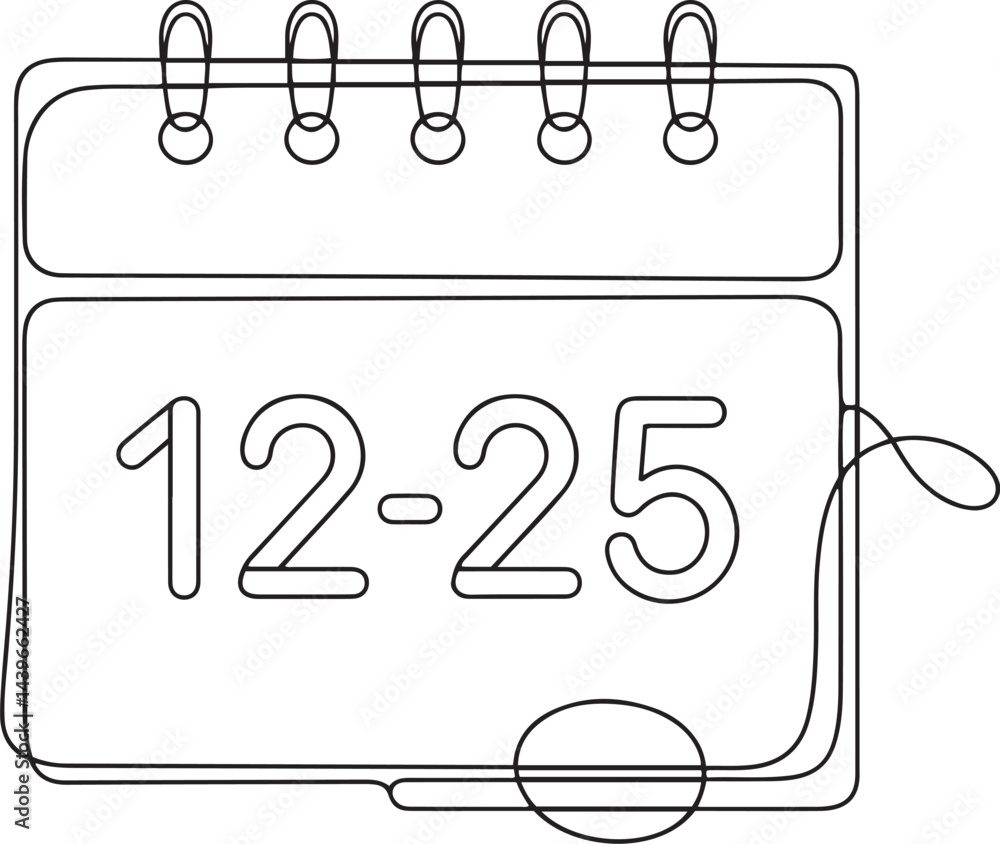 Poster abstract continuous line art drawing of a paper calendar marked with the date december twenty fifth 