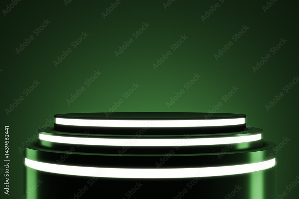 Poster Glowing round podium with neon lights on green background for product presentation and branding, clean modern design with empty copyspace. 3D Rendering