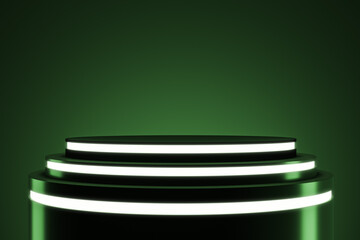 Glowing round podium with neon lights on green background for product presentation and branding, clean modern design with empty copyspace. 3D Rendering