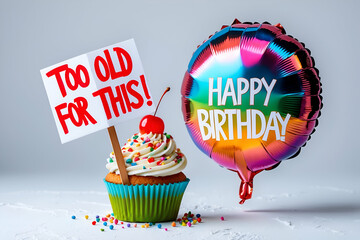 Humorous birthday celebration cupcake with too old sign and balloon
