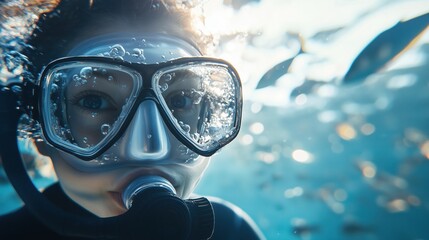 Young Diver Underwater with Snorkeling Gear. Travel advertisements, diving course promotions, children's activity programs, ocean conservation campaigns, educational materials. 