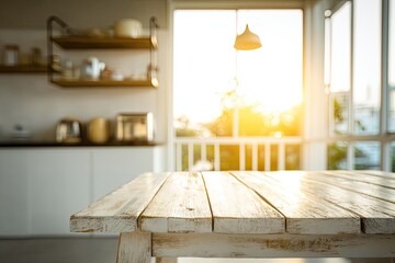 Wooden table in a sunlit kitchen