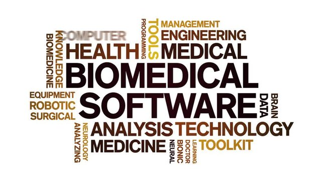 Biomedical software animated word cloud;text design animation tag kinetic typography seamless loop.