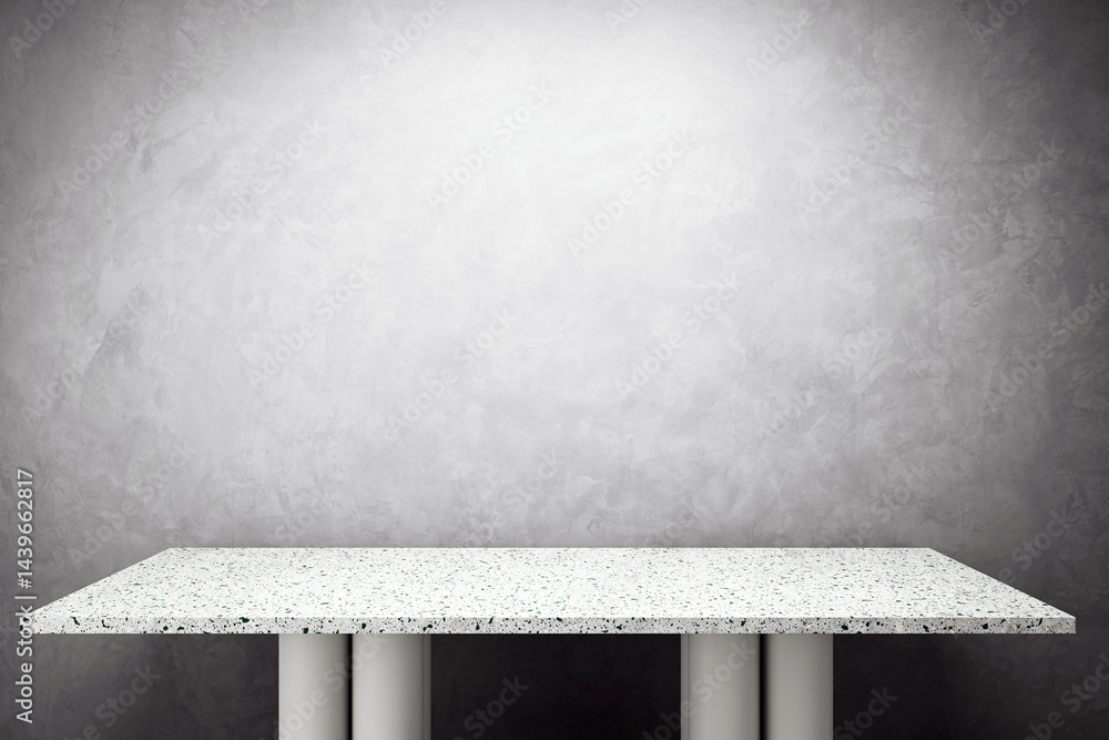 Poster Modern terrazzo table with cylindrical legs set against textured gray concrete wall under soft ambient light, minimalist abstract design concept background. 3D Rendering