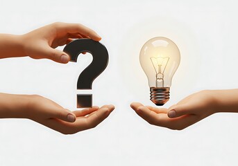Question Mark and Glowing Lightbulb Held by Hands on White Backg