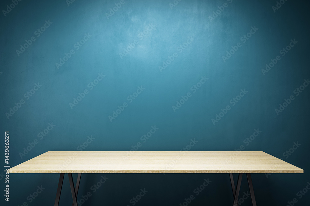 Poster minimalistic wooden desk with clean empty space against dark blue wall background under spotlight, p