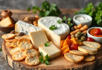 cheese board with crackers, crackers, tomatoes, and cheese