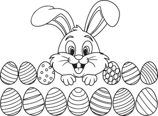 continuous line art of a cute cartoon bunny head peeking out from a decorative easter border filled with eggs black linear minimalist sketch design isolated on a white background