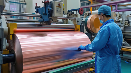 Worker in Protective Gear Polishing Copper Roll in Industrial Manufacturing Facility with Precision and Care for Quality Assurance