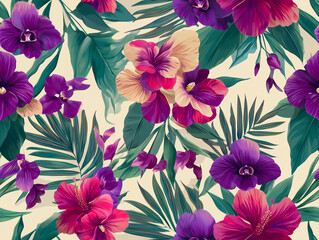 Tropical Floral Paradise: Hibiscus and Orchid Seamless Pattern