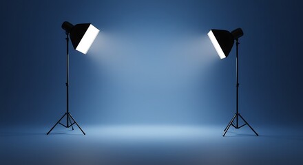 Empty Blue Photo Studio Lit by Two Softbox Lights