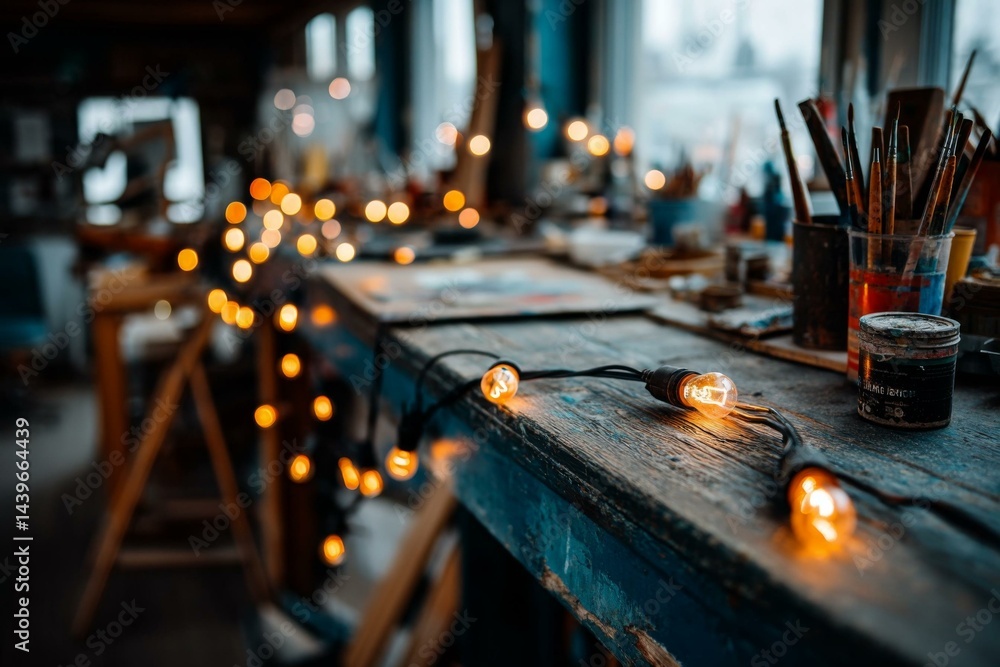 Poster illuminated string lights on rustic table in workshop with painting tools and ladder creating inviti