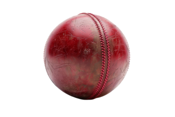 Red Leather and Stitches: The Iconic Cricket Ball Isolated On White Background.