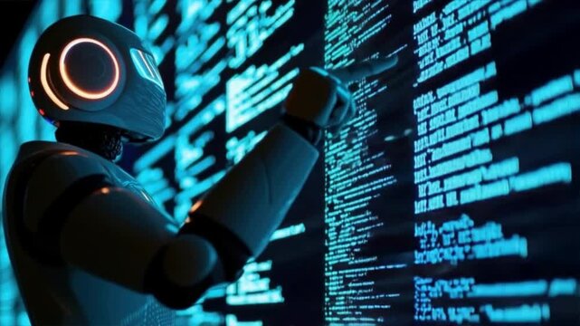 A futuristic robot interacts with glowing code, representing advanced technology and artificial intelligence. Finding error code