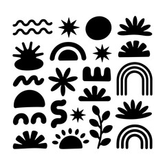 Boho Minimalist Element Nature Shapes. A minimalist black silhouette featuring organic shapes like waves, hills, plants, and rainbows in a boho style.