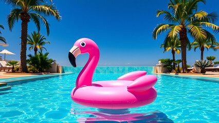 Inflatable pink flamingo circle swimming in the pool