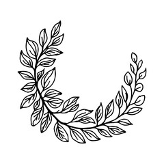 A romantic floral wreath featuring delicate hand-drawn flowers and curved branches forming a graceful circular frame.