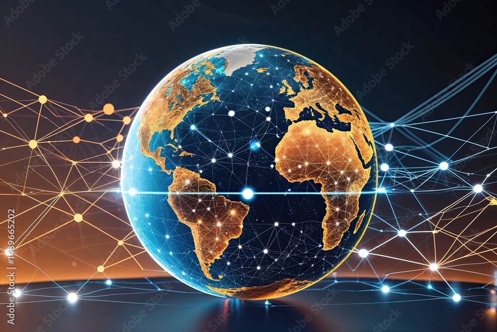 Poster futuristic diagram of decentralized peer to peer network featuring interactive globe for cryptocurre