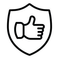 Shield with thumb up hand line icon, black friday concept. Vector graphics. Positive feedback emblem sign on white background, style for mobile or design.