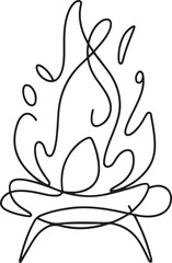 minimalistic continuous line art of a cozy wood burning stove with fire black linear sketch fireplace design warm home interior element isolated on a clean white background