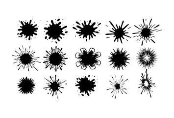 Collection of black ink splatter designs with varying shapes and patterns silhouette