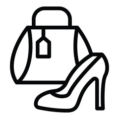 Shoe and handbag with price tag line icon, black friday concept. Vector graphics. Woman footwear and bag, shopping sign on white background, style for mobile or design.