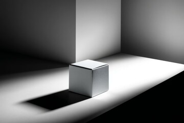 Obraz premium Minimalist Composition featuring a Metallic Cube in an Abstract Room with Strong Light and Shadow Play, Geometric Shapes
