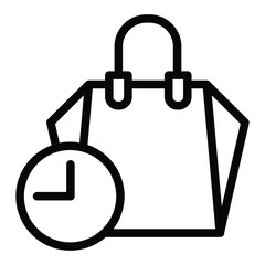 Paper bag with timer clock line icon, black friday concept. Vector graphics. Packet for happy hour, shopping sign on white background, style for mobile or design.