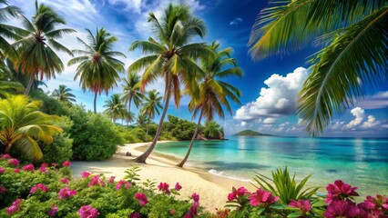 Fototapeta premium Serene Tropical Beach Paradise Lush Palm Trees, Vibrant Flowers, and Azure Waters