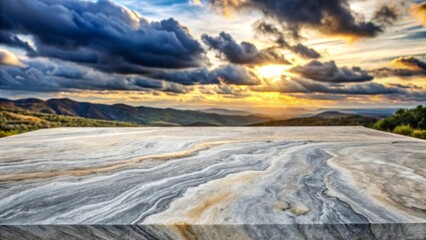 Serene Sunset Vista Overlooking Rolling Hills Seen from a Polished Stone Surface
