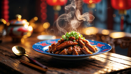 A beautifully presented Chinese dish with steam rising, set on a wooden table with bokeh effects.