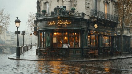 Cozy Paris Café on a Rainy Day with Reflections on Wet Pavement