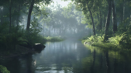 Obraz premium Misty Forest River: A Tranquil Nature Scene