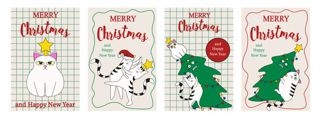 Cloud Dancer 2026 color Merry Christmas and Happy New Year greeting Posters vector Set. Whimsical cat and Christmas tree. XMAS art on checkered copybook sheets background. EPS 10