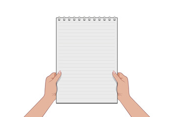 The hand holds an open notebook with blank pages. Planner for notes, space for copying. Vector image
